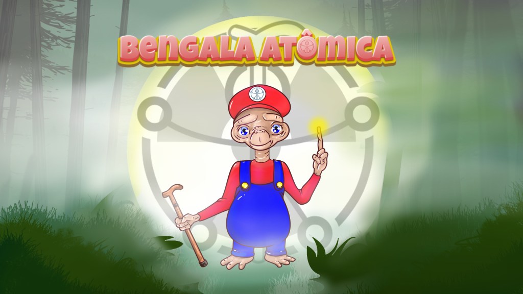 Imagem digital em forma de pílula, com borda fina em preto.
Em destaque, ao centro, o personagem do filme ET o Extraterrestre em forma de cartoon. Ele usa uma blusa de manga comprida vermelha e macacão com alças estreitas azul royal. Também tem uma boina vermelha na cabeça, com o símbolo internacional de acessibilidade e uma bengala centralizada nele. Na mão direita, o ET segura uma bengala de madeira. Sua mão esquerda tem o dedo indicador levantado e na ponta do dedo há uma luz amarela. Acima do ET, o título Bengala Atômica em letras com volume, arredondadas, em degradê vermelho claro, com sombra em amarelo escuro. Ao fundo há uma floresta com névoa e um círculo amarelo claro, com o símbolo internacional de acessibilidade dentro, atrás dele, o ícone de radiação e bengala centralizada.