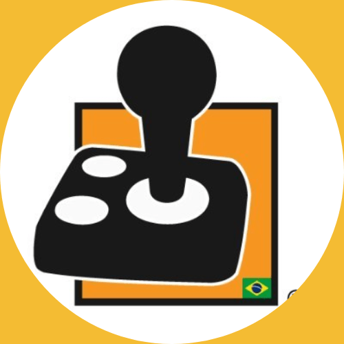 Logo da Ablegamers dentro de um círculo branco.
A logo é um quadrado laranja com contorno preto fino e sobre ele um joystick preto com uma alavanca de base circular branca e dois botões brancos. No canto inferior direito do quadrado laranja há a bandeira do Brasil.