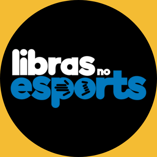 Logo do Libras no Esports em um círculo preto. Dentro do círculo está o texto, todo em letras minúsculas arredondadas: libras no esports. Libras está em branco, seguida da palavra no, bem menor que a primeira. Abaixo delas está a palavra esports, em azul médio. com ícones de dedos das mãos pretos dentro das letras P e O.